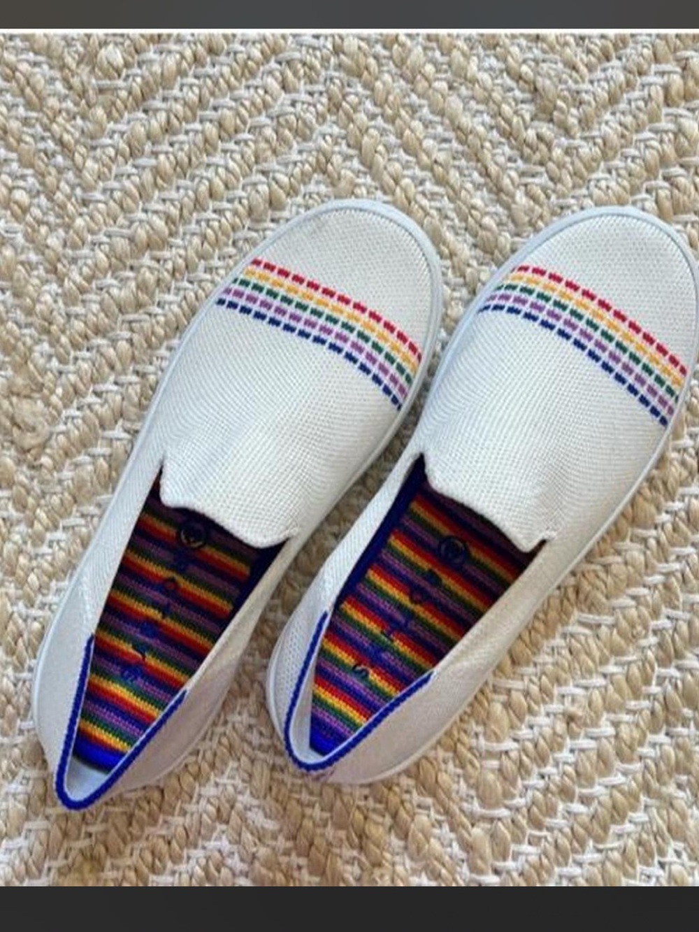 Rothy's White Slip-On Kids Sneakers with Rainbow Stripe